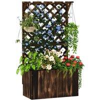 Outsunny Wooden Planter with Trellis, Freestanding Raised Garden Bed with Drainage Holes, Outdoor Planter Box with Liner for Vegetables, Herbs and Flowers, Carbonised
