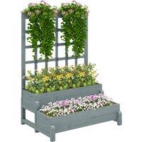 Outsunny 2-Tier Raised Garden Bed with Trellis, Wooden Elevated Planter Box with Drainage Holes, Outdoor Raised Planter for Climbing Plants, Fruits, Vegetables, Flowers, Grey