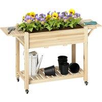 Outsunny Raised Garden Bed, Wooden Elevated Planter Box with Lockable Wheels, Side Tables and Bottom Shelf for Vegetables, Flowers, Natural