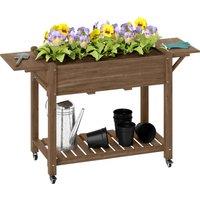 Outsunny Raised Garden Bed, Wooden Elevated Planter Box with Lockable Wheels, Side Tables and Bottom Shelf for Flowers, Fruits, Carbonised