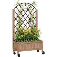Outsunny Raised Garden Bed with Metal Trellis, Wooden Elevated Planter Box with Wheels and Drainage Holes, Outdoor Raised Planter for Climbing Plants, Fruits, Vegetables, Flowers, Brown