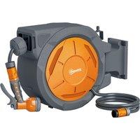 Outsunny Retractable Hose Reel Wall Mounted, 30+2m Garden Hose Pipe Reel with Lock, Auto Rewind, 7 in 1 Spray Nozzle, Includes Wall Fixings, 180 Swivel, Outdoor Watering, Orange