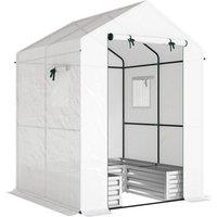 Outsunny Mini Greenhouse with Raised Garden Bed, Galvanised Walk-in Greenhouse with Roll Up Windows, 56" x 56" x 75", White