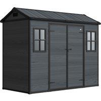 Outsunny 8 x 4 ft Resin Garden Shed, Wood-Effect Outdoor Storage Shed with Floor, Windows, Lockable Doors and Vents, Dark Grey