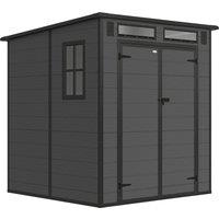Outsunny 6 x 6 ft Plastic Garden Shed, Wood-Effect Outdoor Storage Shed with Floor, Windows, Lockable Doors and Vents, Dark Grey
