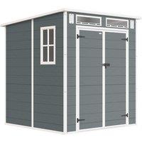 Outsunny 6 x 6 ft Plastic Garden Shed, Wood-Effect Outdoor Storage Shed with Floor, Windows, Lockable Doors and Vents, Grey