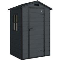 Outsunny 4 x 3 ft Plastic Garden Shed with Floor, Outdoor Storage Shed with Lockable Door, Window and Vent, Dark Grey