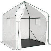 Outsunny Walk-in Greenhouse for Outdoors with Steel Frame, Large Plant House with Roll-up Door and PE Ground Cover, White