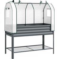Outsunny Galvanised Raised Planter with Greenhouse Cover, Metal Raised Garden Bed on Legs with Bed Liner and Bottom Shelf