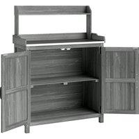 Outsunny Wooden Potting Bench Table with Aluminium Worktop, Outdoor Garden Workbench with Top Shelf and Cabinet Storage