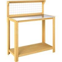 Outsunny Wooden Potting Bench Table with Aluminium Worktop, Outdoor Garden Workbench with 2 Shelves
