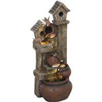 Outsunny 2-in-1 Waterfall Fountain with Birdhouse, Resin Garden Water Fountain with LED Lights Pump, Cascading Garden Water Feature with Tree Trunk Design, Multi-colour