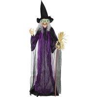 Outsunny 183 cm Life Size Halloween Animated Standing Witch & Broomstick with Glowing LED Eyes, Spooky Witch Scary Halloween Decorations, Battery Operated, Indoor Party Props