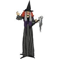 Outsunny 160 cm Life Size Halloween Animated Standing Witch & Skull Staff with Glowing LED Eyes & Head, Spooky Witch Scary Halloween Decorations, Battery Operated, Indoor Party Props