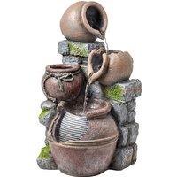 Outsunny Outdoor Fountain with 4-Tier Rustic Pots & Planter, Garden Fountain with LED Lights, Rustic Brown