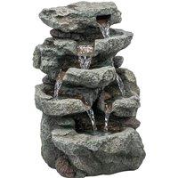 Outsunny Outdoor Fountain with 6-Tier Rock Design, Waterfall Feature with LED Lights, Resin Freestanding Garden Fountain, Grey