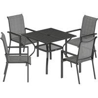 Outsunny 5 Pieces Outdoor Dining Set for 4, Garden Table and Stackable Chairs with Breathable Mesh Seat and Parasol Hole, Grey