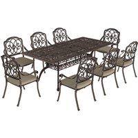 Outsunny 9 Piece Cast Aluminium Garden Dining Set, Garden Table and Chairs Set with Cushions, Parasol Hole for Patio, Bronze Tone