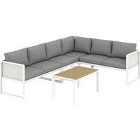 Outsunny 6 Seater Metal Garden Furniture Corner Sofa Set with 3 Loveseats, Faux Wood Table, Texteline Seat, Cushions, White