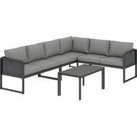 Outsunny 6 Seater Metal Garden Furniture Corner Sofa Set with 3 Loveseats, Faux Wood Table, Texteline Seat, Cushions, Dark Grey