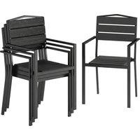 Outsunny Stackable Garden Chairs Set of 4, Garden Dining Chairs with Slatted HDPE Seat Back, Armrests, Metal Frame, Black