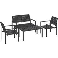 Outsunny 4 Piece Garden Furniture Set, Outdoor Sofa Set with HDPE Slatted Loveseat Armchairs Coffee Table Metal Frame, Black