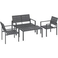 Outsunny 4 Piece Garden Furniture Set, Outdoor Sofa Set with HDPE Slatted Loveseat Armchairs Coffee Table Metal Frame, Dark Grey