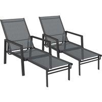 Outsunny Sun Loungers Set of 2 Retractable Footrest 5-Position Adjustable Steel Frame for Beach, Porch, Patio, Camping, Dark Grey