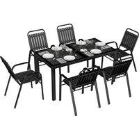 Outsunny 7 Pieces Outdoor Dining Set with Umbrella Hole, Garden Table and Chairs Set for 6 with Metal Table and Stackable Chairs