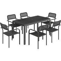 Outsunny Garden Dining Set for 6, Faux Wood Metal Outdoor Table and Stackable Chairs with Plastic Rattan Effect Seat, Black
