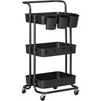 HOMCOM 3 Tier Utility Rolling Cart, Kitchen Cart with 3 Removable Mesh Baskets, 3 Hanging Box, 4 Hooks & Dividers for Living Room, Black Aosom UK
