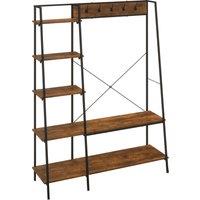 HOMCOM Hallway Unit, Free Standing Hall Tree w/ 2 Tier Shoe Rack, 5 Hooks, 5 Side Shelves & Steel Frame, Industrial Design, Brown, 117 x 38 x 169cm