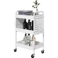 HOMCOM 3-tier Storage Trolley on Wheels, Rolling Utility Serving Cart w/ 3 Mesh Baskets, 2 Hanging Boxes & 6 Hooks for Living Room, White Aosom UK