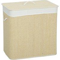 HOMCOM 3 Section Laundry Basket with Lid, 144L Bamboo Laundry Hamper with Handles, Removable and Washable Liner, Cream White