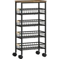 HOMCOM Metal Kitchen Trolley, 4-Tier Storage Trolley with Pull-Out Baskets and 4 Swivel Casters for Kitchen, Rustic Brown