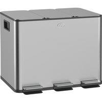 HOMCOM 3 x 20L Pedal Bin, Steel Triple Kitchen Bin with Soft Close Lid, Removable Inner Buckets, Fingerprint-Proof, Silver Tone