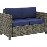 Outsunny 2 Seater Garden Furniture, Rattan Sofa with Soft Padded Cushion and Armrests, Wicker Garden Loveseat for Patio, Navy Blue
