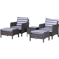 Outsunny Rattan Garden Furniture Set, 2 Seater with Armchairs, Stools, Glass Top Table, Cushions, Wi