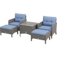Outsunny 5 Pieces PE Rattan Garden Furniture Set, Wicker Outdoor Sofa Set w/ 2 Armchairs 2 Stools Glass Top Table Cushions, Blue