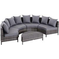 Outsunny Rattan Garden Furniture 4 Seaters Half-round Patio Outdoor Sofa & Table Set Wicker Weave Conservatory Cushioned Seat with Pillow - Grey
