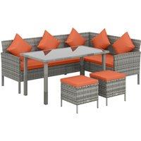 Outsunny 6-Seater Rattan Dining Set Sofa Table Footstool Outdoor w/ Cushion Garden Furniture, Orange
