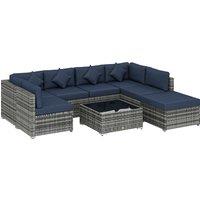 Outsunny 8 Pieces PE Rattan Corner Sofa Set, Outdoor Garden Furniture Set, Patio Wicker Sofa Seater w/ Cushion, Dark Blue