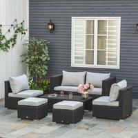 Outsunny 6-Seater Garden Rattan Wicker Sofa Set w/ Coffee Table, Wicker Weave Chair, Space-saving Footstool, Padded Cushions, Black Aosom UK