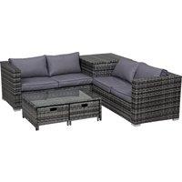 Outsunny 4-Seater Rattan Wicker Garden Furniture Patio Sofa Storage & Table Set w/ 2 Drawers Cof