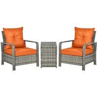 Outsunny 3 pcs PE Rattan Wicker Garden Furniture Patio Bistro Set Weave Conservatory Sofa Storage Table and Chairs Set Orange Cushion, Mixed Grey