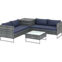 Outsunny 4 Piece Rattan Garden Furniture Set, Outdoor Corner Sofa Set with Storage Table, Loveseats, Cushions - Dark Blue