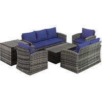 Outsunny 6 Pieces Rattan Garden Furniture Set, 7 Seater Wicker Outdoor Furniture Set with Storage Tea Table, Side Table, Cushions, Navy Blue