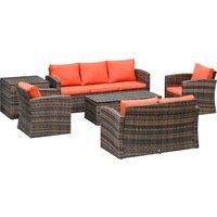 Outsunny 6 Pieces Rattan Garden Furniture Set, 7 Seater Wicker Outdoor Furniture Set with Storage Tea Table, Side Table, Cushions, Orange