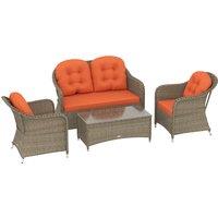 Outsunny Four-Piece Rattan Sofa Set, with Glass-Top Table - Orange