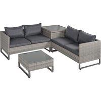Outsunny 4-Seater PE Rattan Sofa Set Wicker Garden Furniture Outdoor Conservatory Furniture Coffee Table w/ Side Storage Box & Cushion, Grey